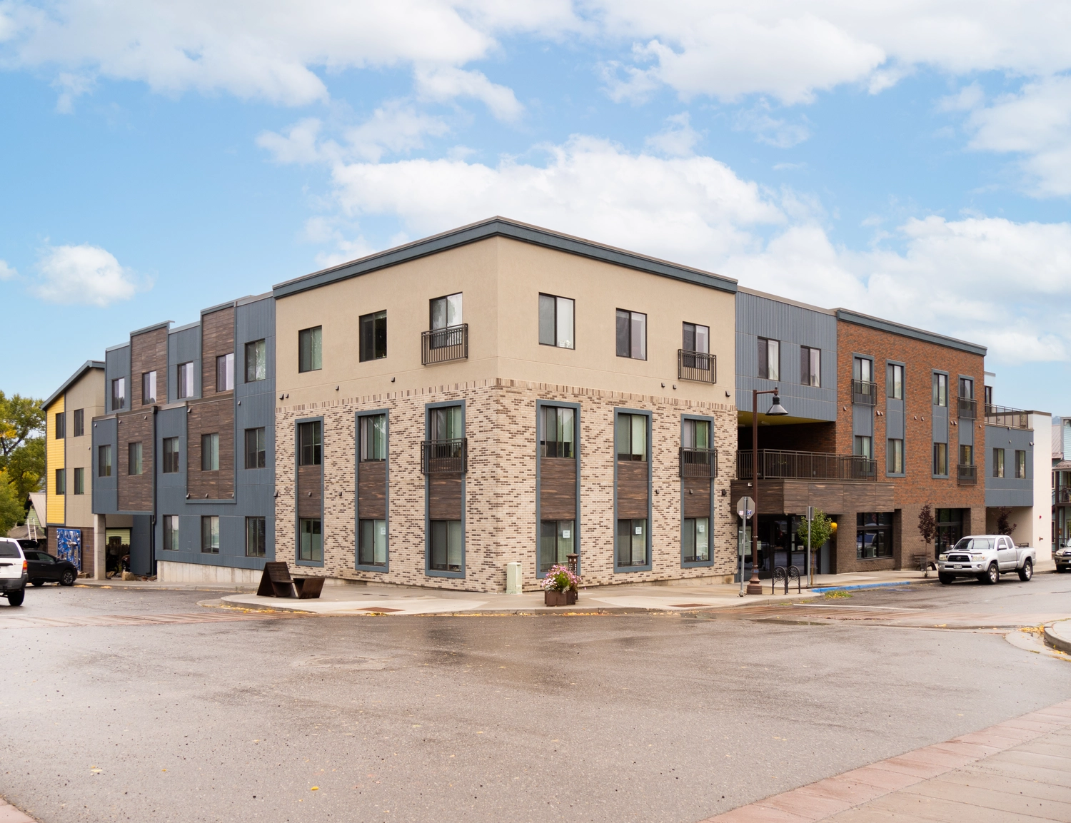 Multiple façade aesthetics came together from Dryvit to create a unique design for this affordable housing facility. 